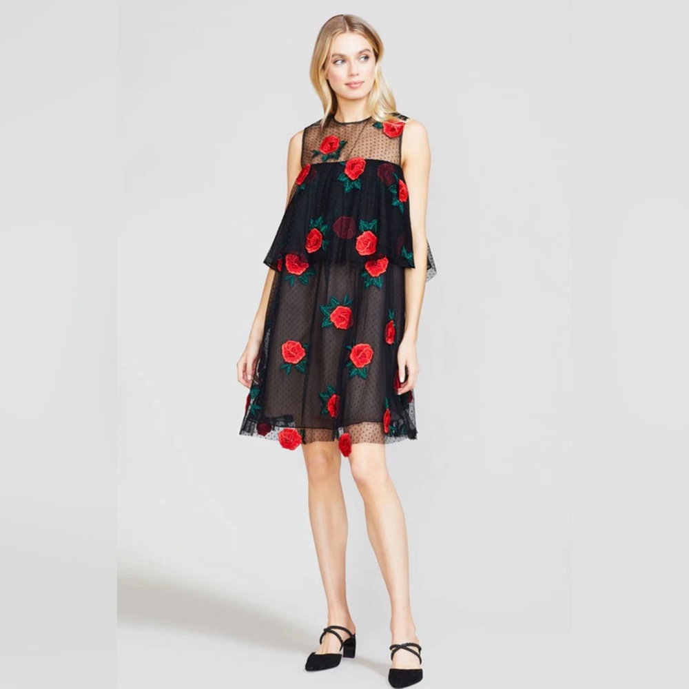 LELA ROSE - ROSE EMBROIDERED TULLE TIERED A-LINE DRESS, $1990, Size 6, Medium